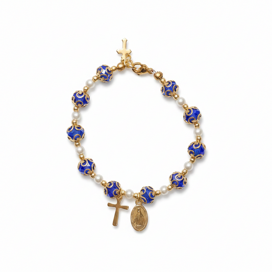 Blue and Gold Plated Pearl Miraculous Medal Deluxe Rosary Bracelet