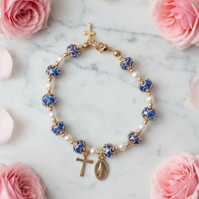 Blue and Gold Plated Pearl Miraculous Medal Deluxe Rosary Bracelet