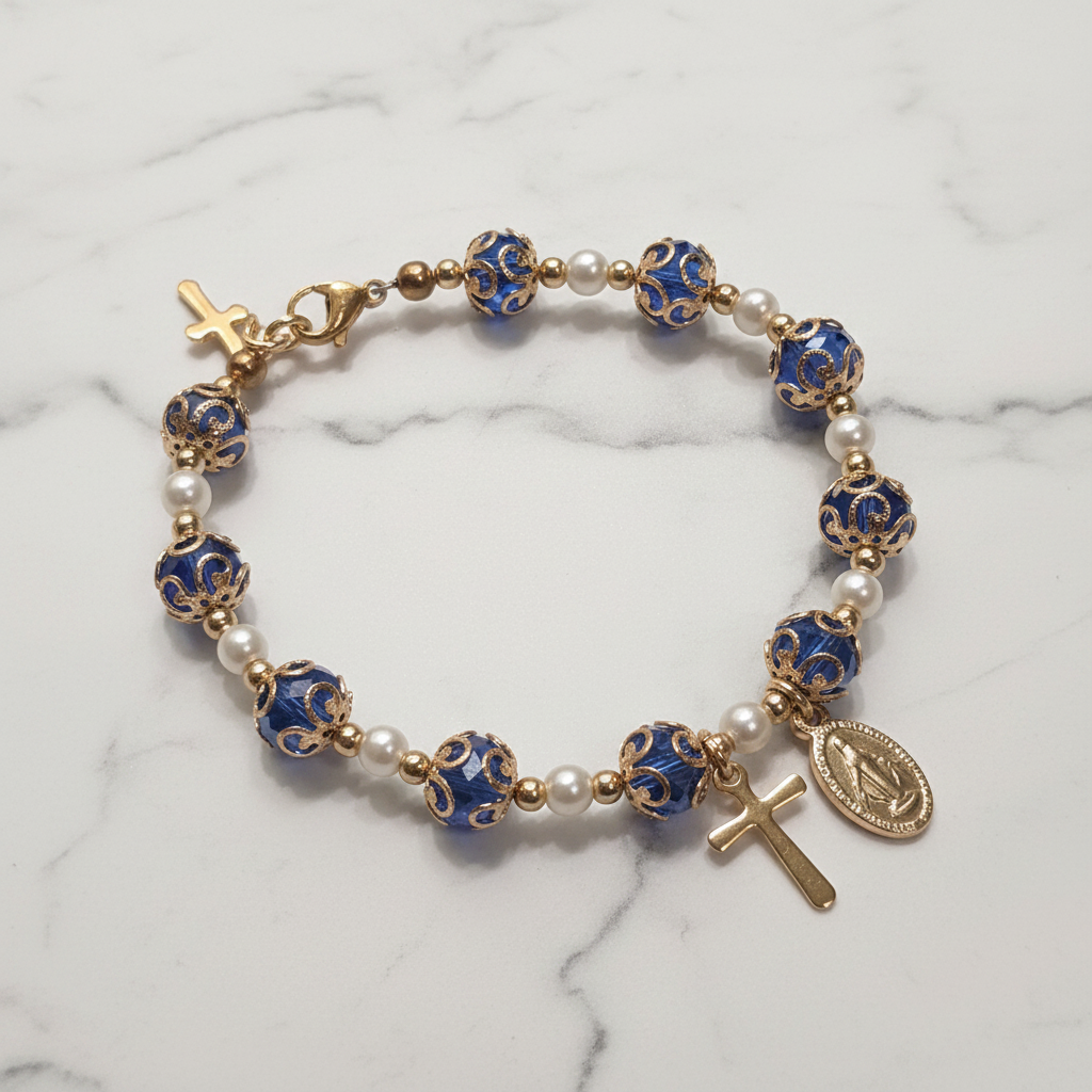 Blue and Gold Plated Pearl Miraculous Medal Deluxe Rosary Bracelet