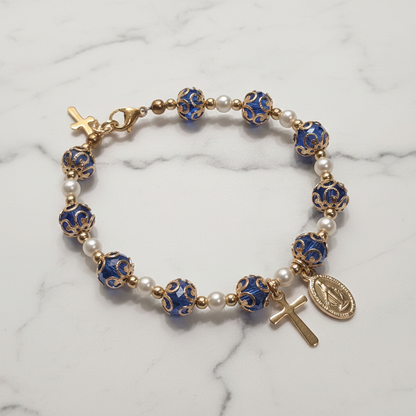 Blue and Gold Plated Pearl Miraculous Medal Deluxe Rosary Bracelet