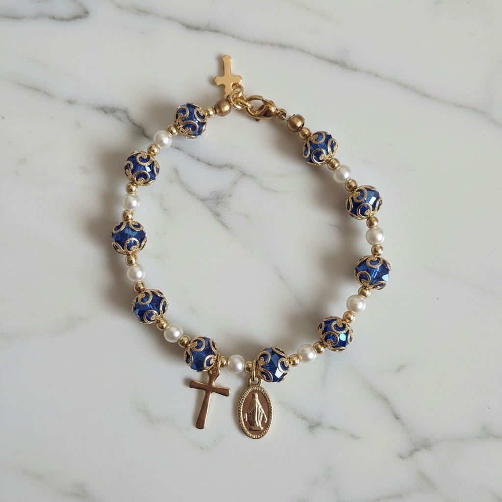 Blue and Gold Plated Pearl Miraculous Medal Deluxe Rosary Bracelet