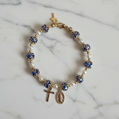 Blue and Gold Plated Pearl Miraculous Medal Deluxe Rosary Bracelet