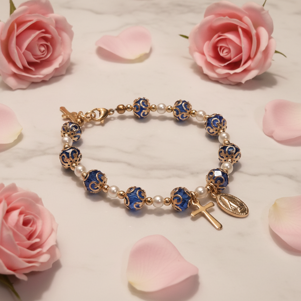 Blue and Gold Plated Pearl Miraculous Medal Deluxe Rosary Bracelet