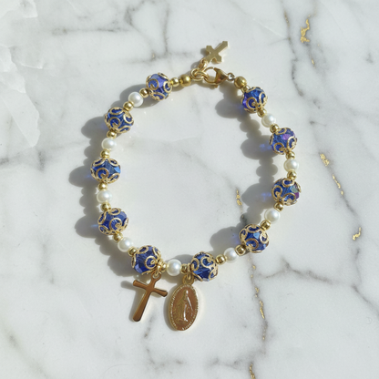 Blue and Gold Plated Pearl Miraculous Medal Deluxe Rosary Bracelet
