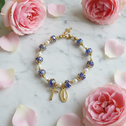 Blue and Gold Plated Pearl Miraculous Medal Deluxe Rosary Bracelet