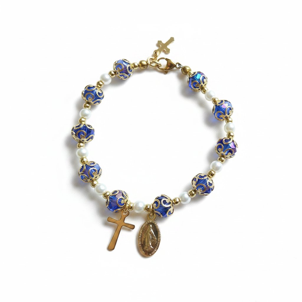Blue and Gold Plated Pearl Miraculous Medal Deluxe Rosary Bracelet