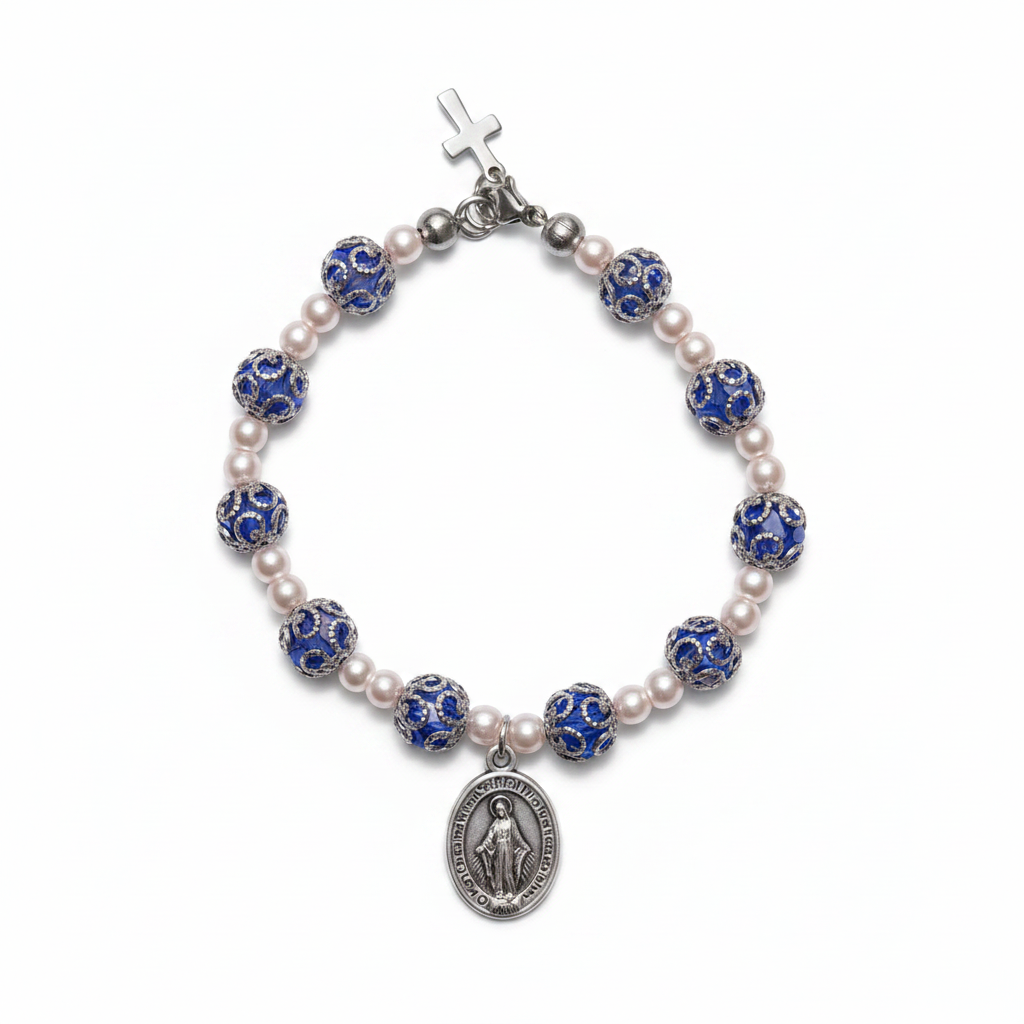 Blue and Stainless Steel Pearl Miraculous Medal Deluxe Rosary Bracelet