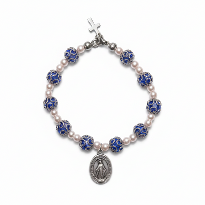 Blue and Stainless Steel Pearl Miraculous Medal Deluxe Rosary Bracelet