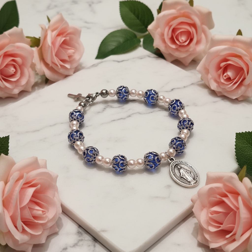 Blue and Stainless Steel Pearl Miraculous Medal Deluxe Rosary Bracelet