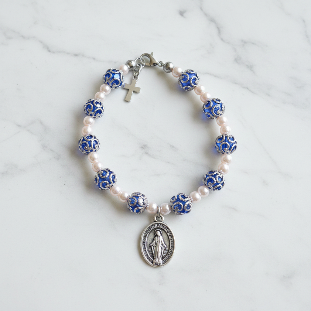 Blue and Stainless Steel Pearl Miraculous Medal Deluxe Rosary Bracelet