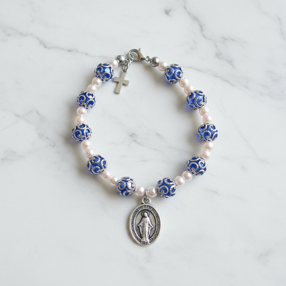 Blue and Stainless Steel Pearl Miraculous Medal Deluxe Rosary Bracelet