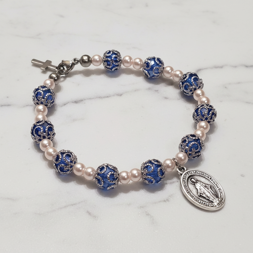 Blue and Stainless Steel Pearl Miraculous Medal Deluxe Rosary Bracelet