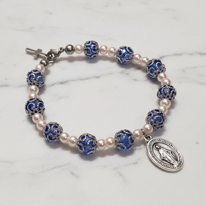 Blue and Stainless Steel Pearl Miraculous Medal Deluxe Rosary Bracelet