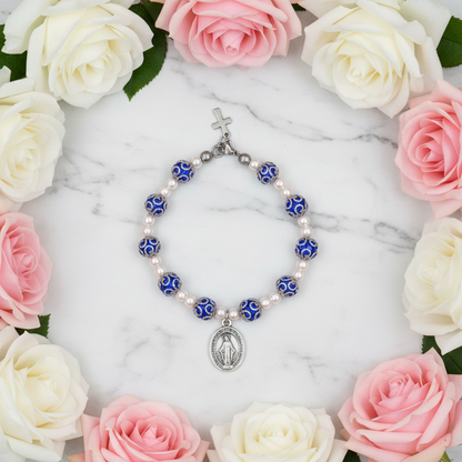 Blue and Stainless Steel Pearl Miraculous Medal Deluxe Rosary Bracelet