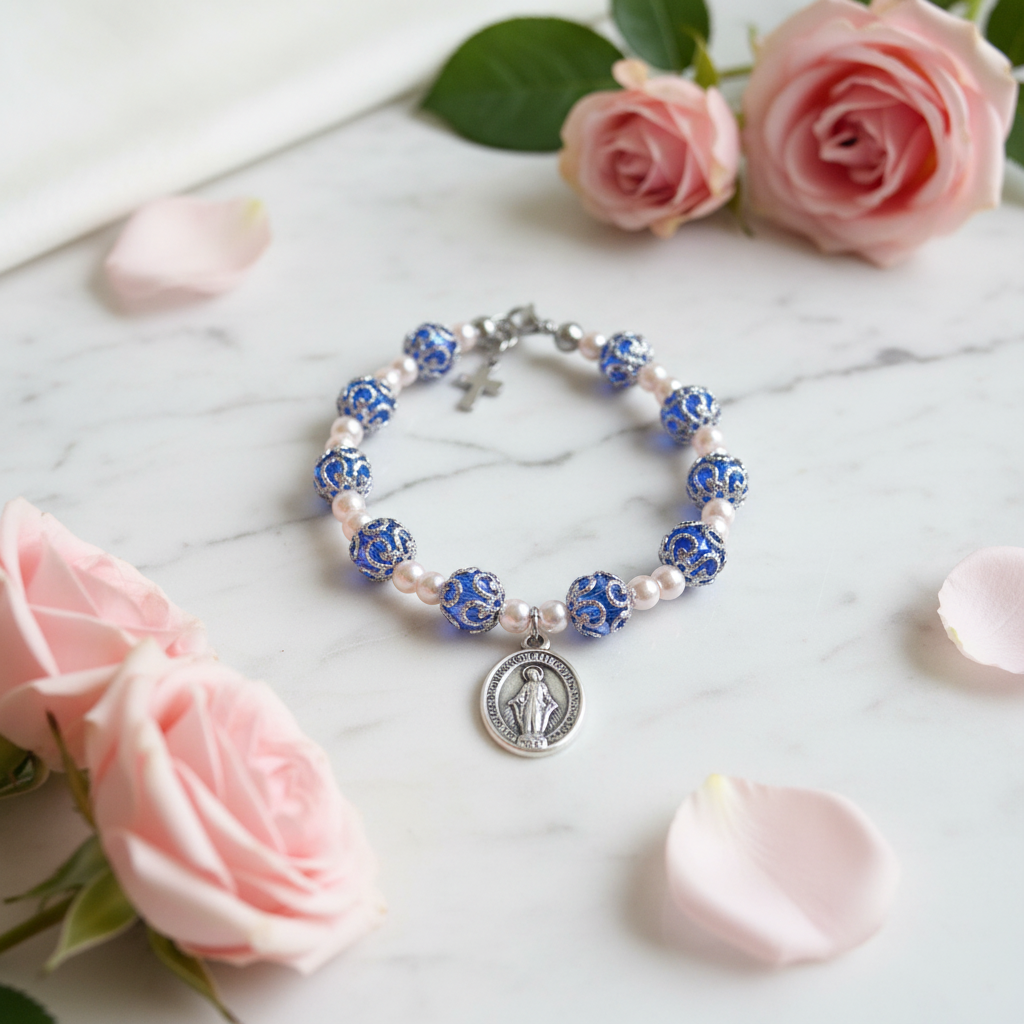 Blue and Stainless Steel Pearl Miraculous Medal Deluxe Rosary Bracelet