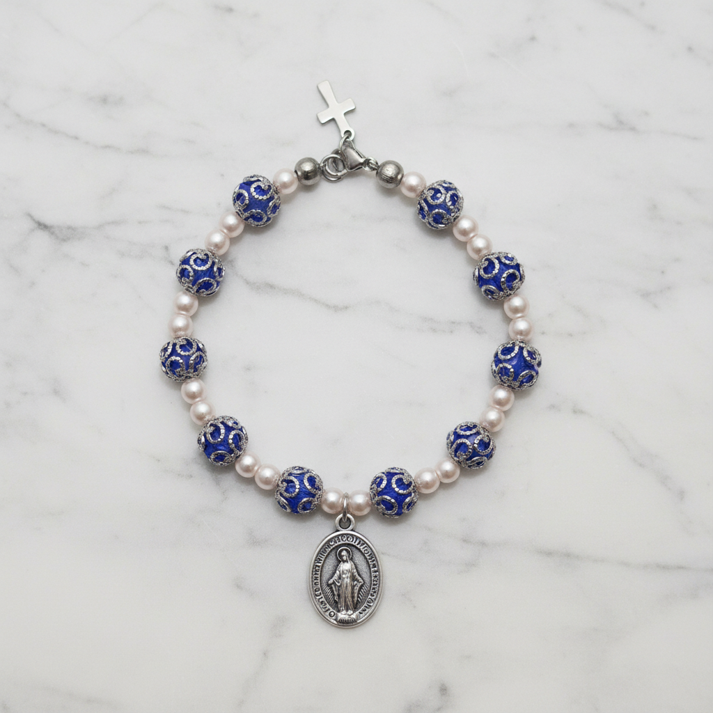 Blue and Stainless Steel Pearl Miraculous Medal Deluxe Rosary Bracelet