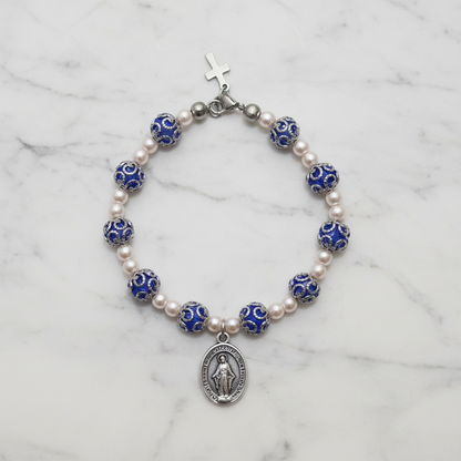Blue and Stainless Steel Pearl Miraculous Medal Deluxe Rosary Bracelet