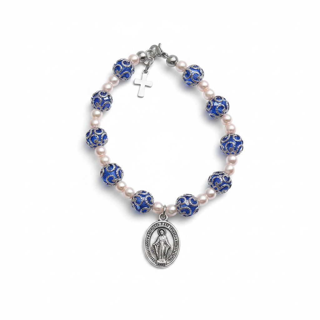 Blue and Stainless Steel Pearl Miraculous Medal Deluxe Rosary Bracelet