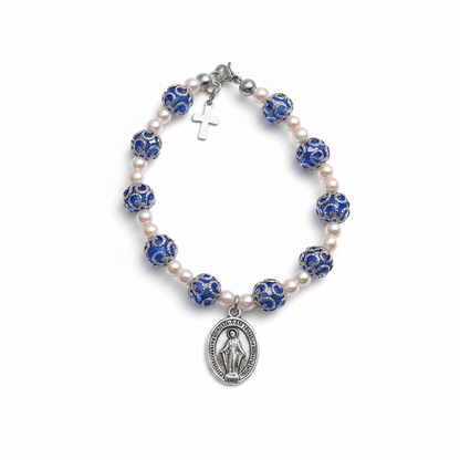 Blue and Stainless Steel Pearl Miraculous Medal Deluxe Rosary Bracelet