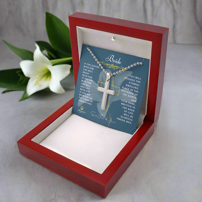 Bride Cross Necklace with Saint Clare of Assisi Quote