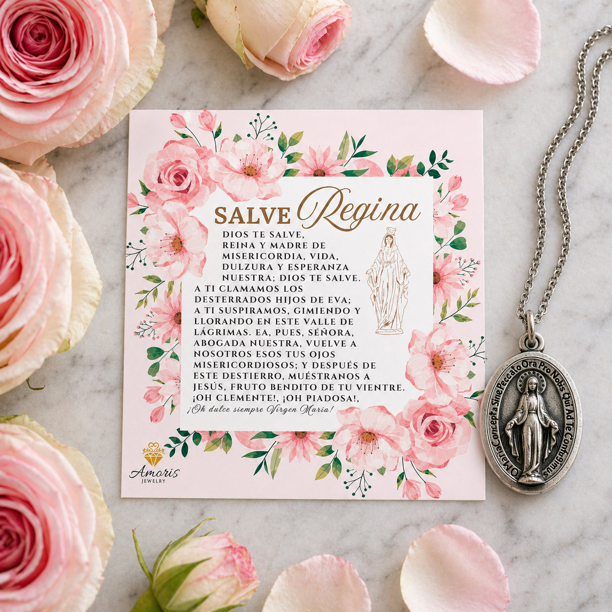 Miraculous Medal Necklace with Hail Holy Queen Prayer Card in ENGLISH, SPANISH or LATIN