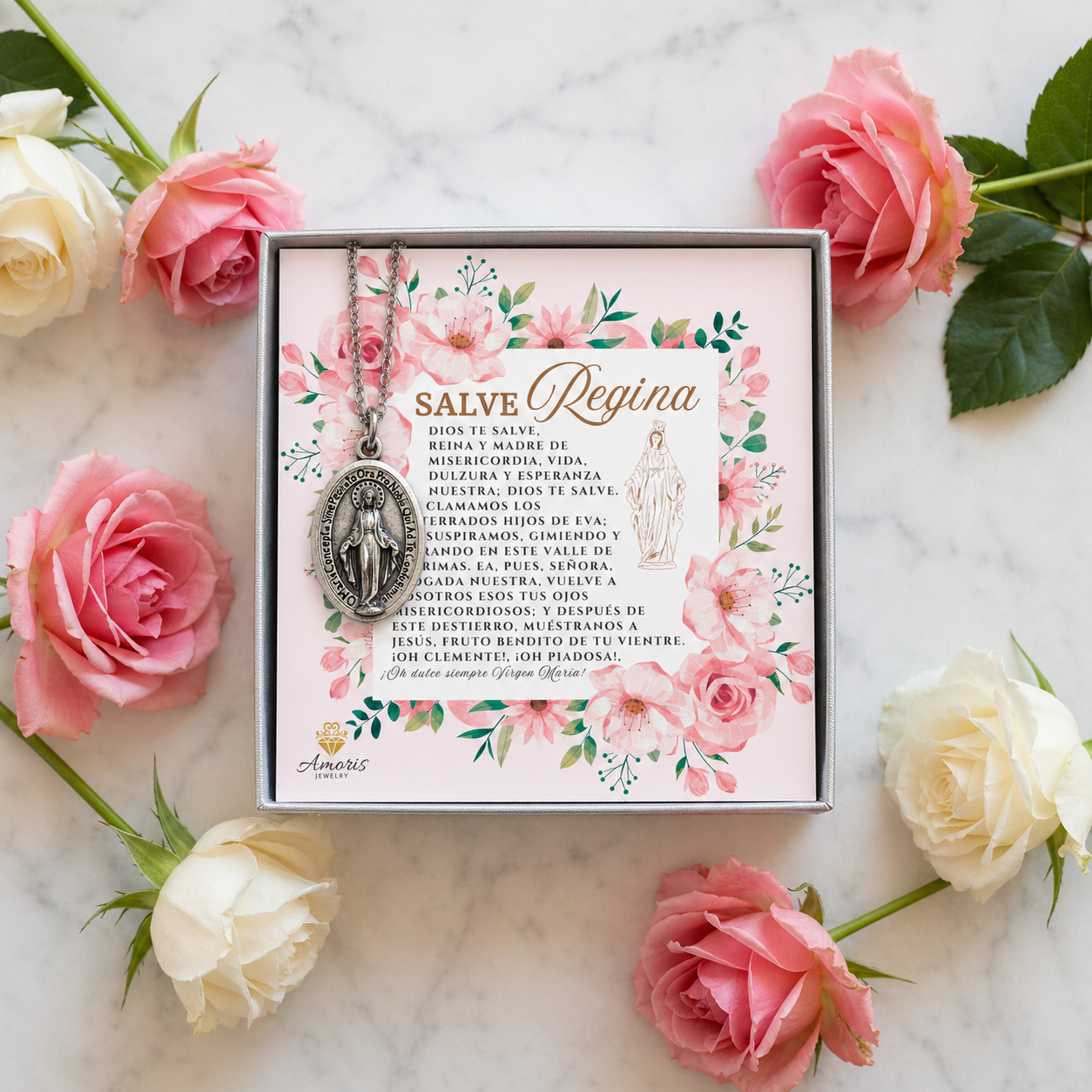 Miraculous Medal Necklace with Hail Holy Queen Prayer Card in ENGLISH, SPANISH or LATIN