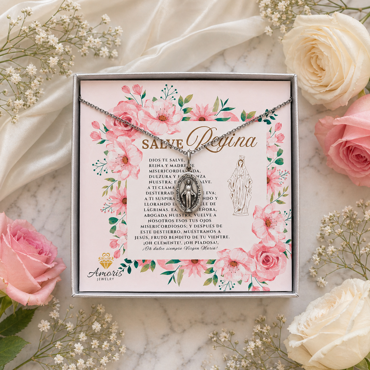 Miraculous Medal Necklace with Hail Holy Queen Prayer Card in ENGLISH, SPANISH or LATIN