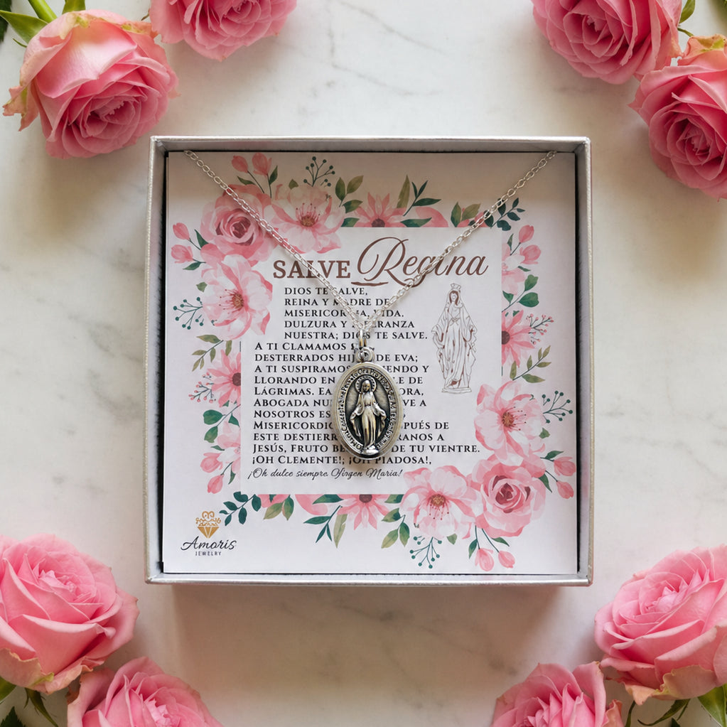 Miraculous Medal Necklace with Hail Holy Queen Prayer Card in ENGLISH, SPANISH or LATIN