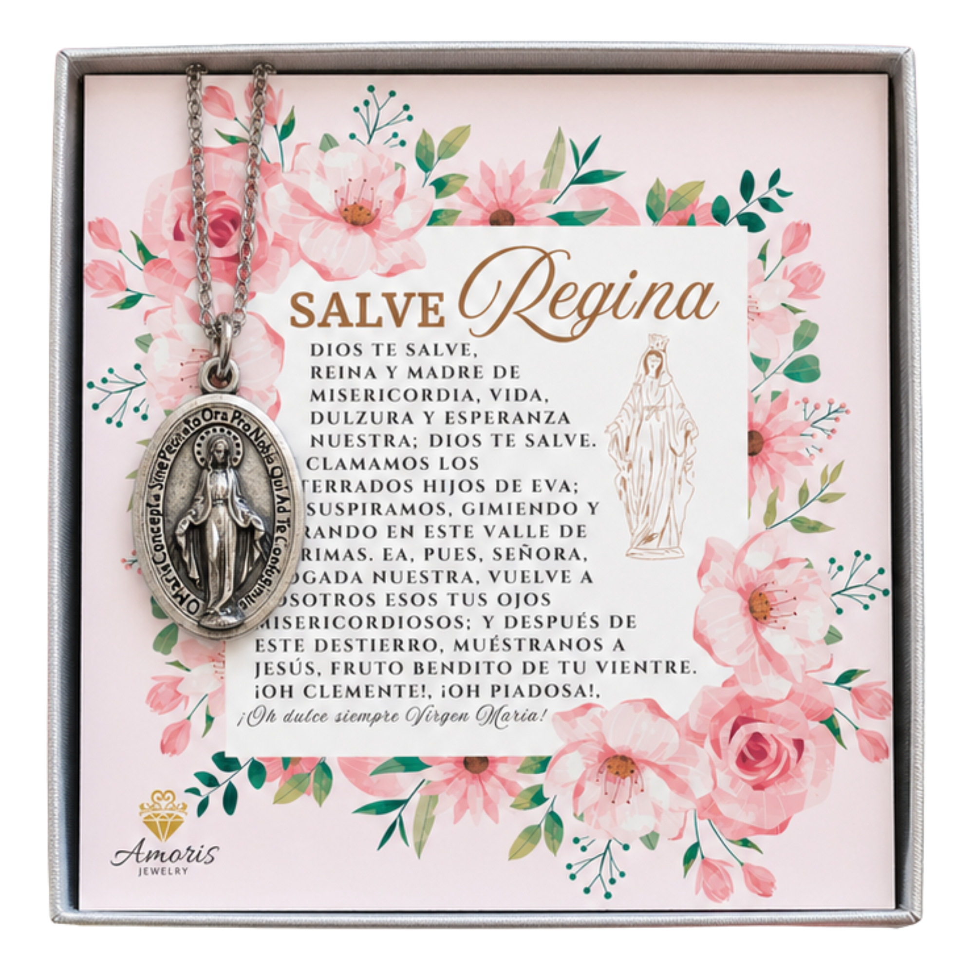 Miraculous Medal Necklace with Hail Holy Queen Prayer Card in ENGLISH, SPANISH or LATIN