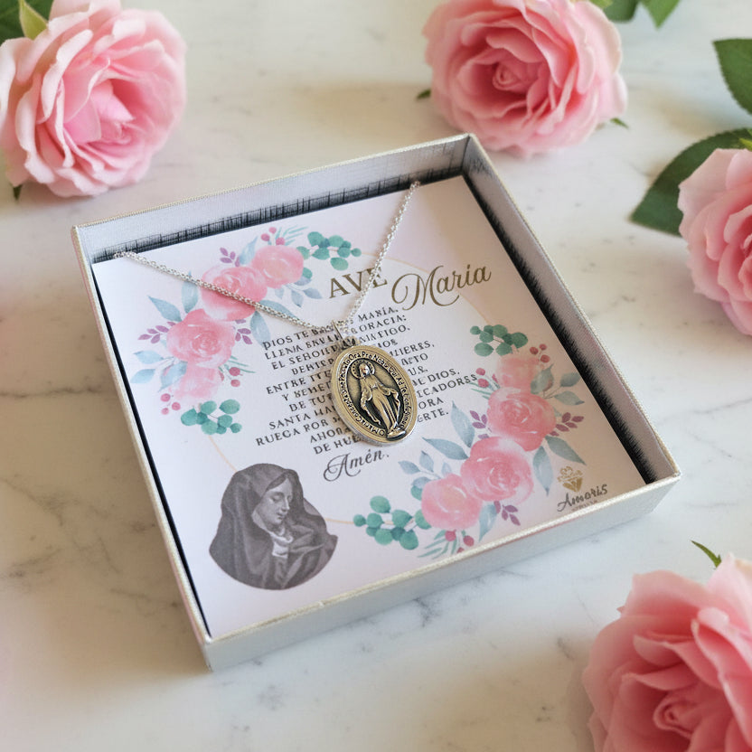 Miraculous Medal Necklace with Hail Mary Prayer Card in ENGLISH, SPANISH or LATIN