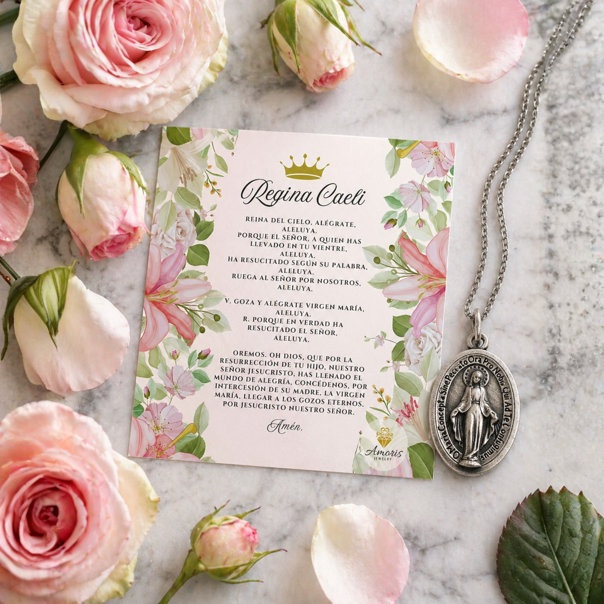 Miraculous Medal Necklace with Regina Caeli Prayer Card in ENGLISH, SPANISH or LATIN