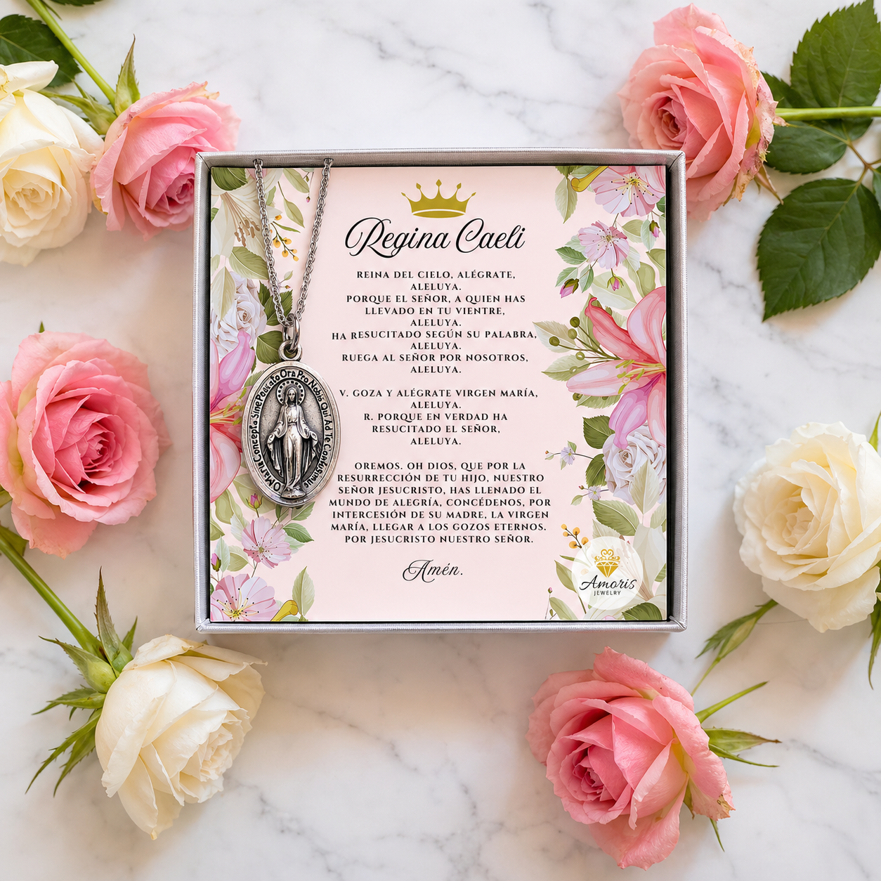 Miraculous Medal Necklace with Regina Caeli Prayer Card in ENGLISH, SPANISH or LATIN