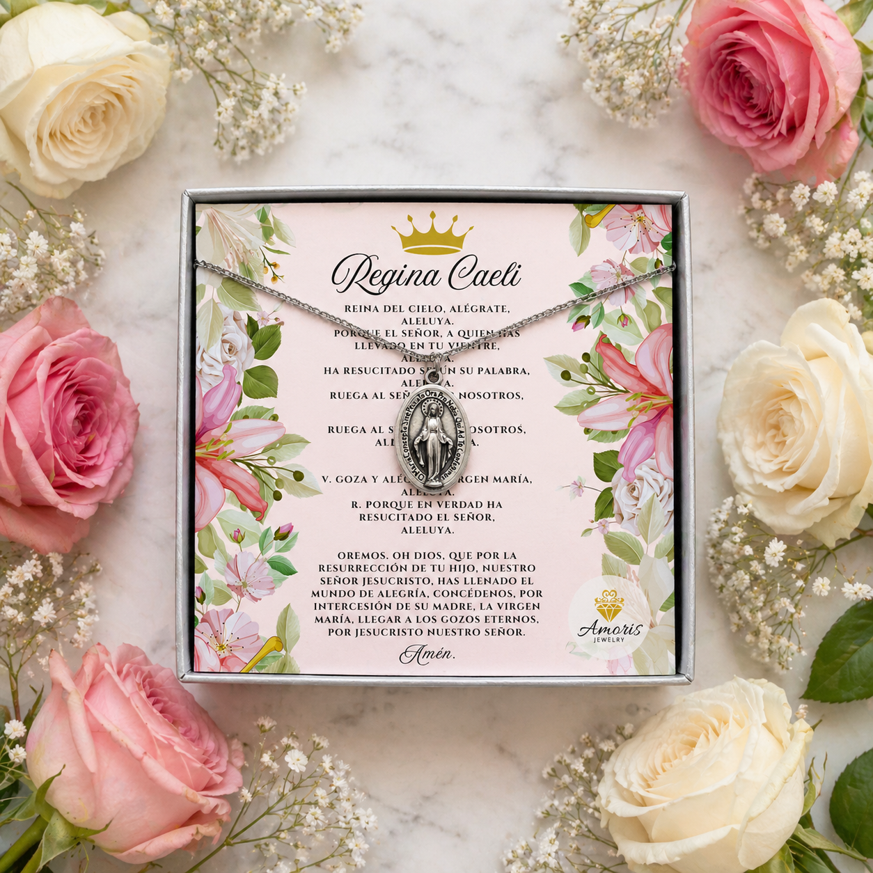 Miraculous Medal Necklace with Regina Caeli Prayer Card in ENGLISH, SPANISH or LATIN