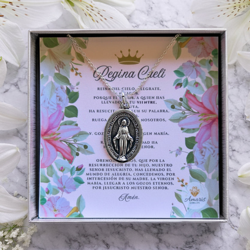 Miraculous Medal Necklace with Regina Caeli Prayer Card in ENGLISH, SPANISH or LATIN