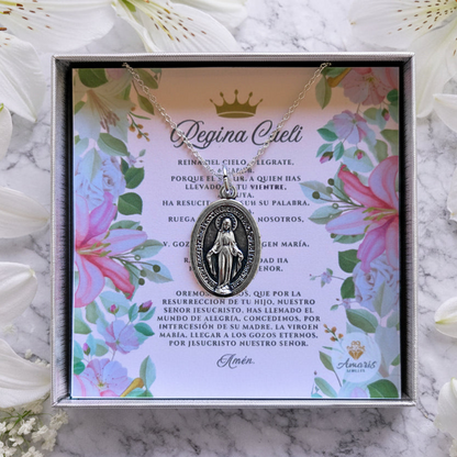Miraculous Medal Necklace with Regina Caeli Prayer Card in ENGLISH, SPANISH or LATIN