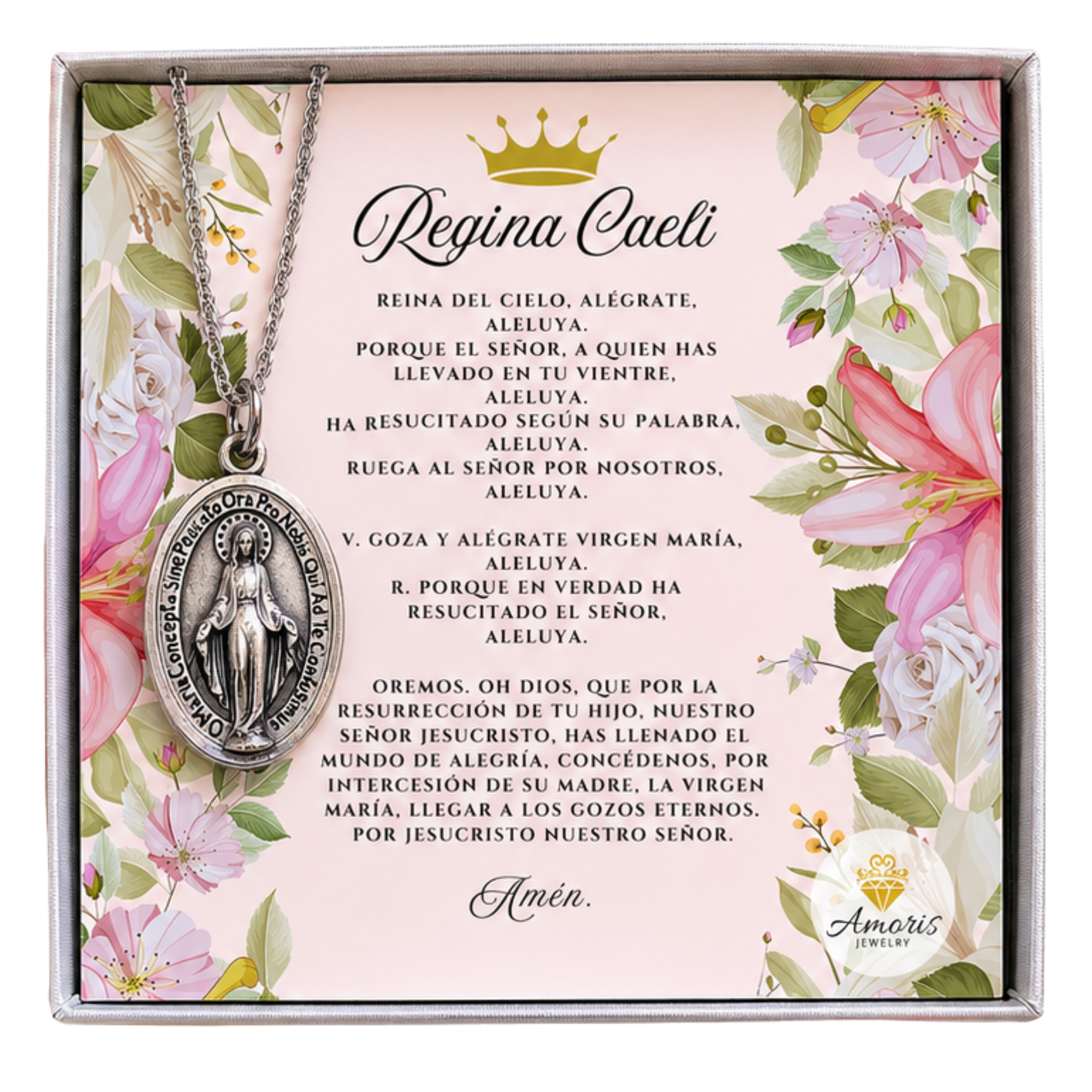 Miraculous Medal Necklace with Regina Caeli Prayer Card in ENGLISH, SPANISH or LATIN