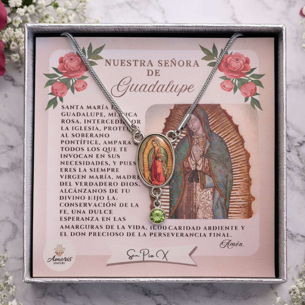 Our Lady of Guadalupe Birthstone Necklace with Prayer Card in ENGLISH or SPANISH