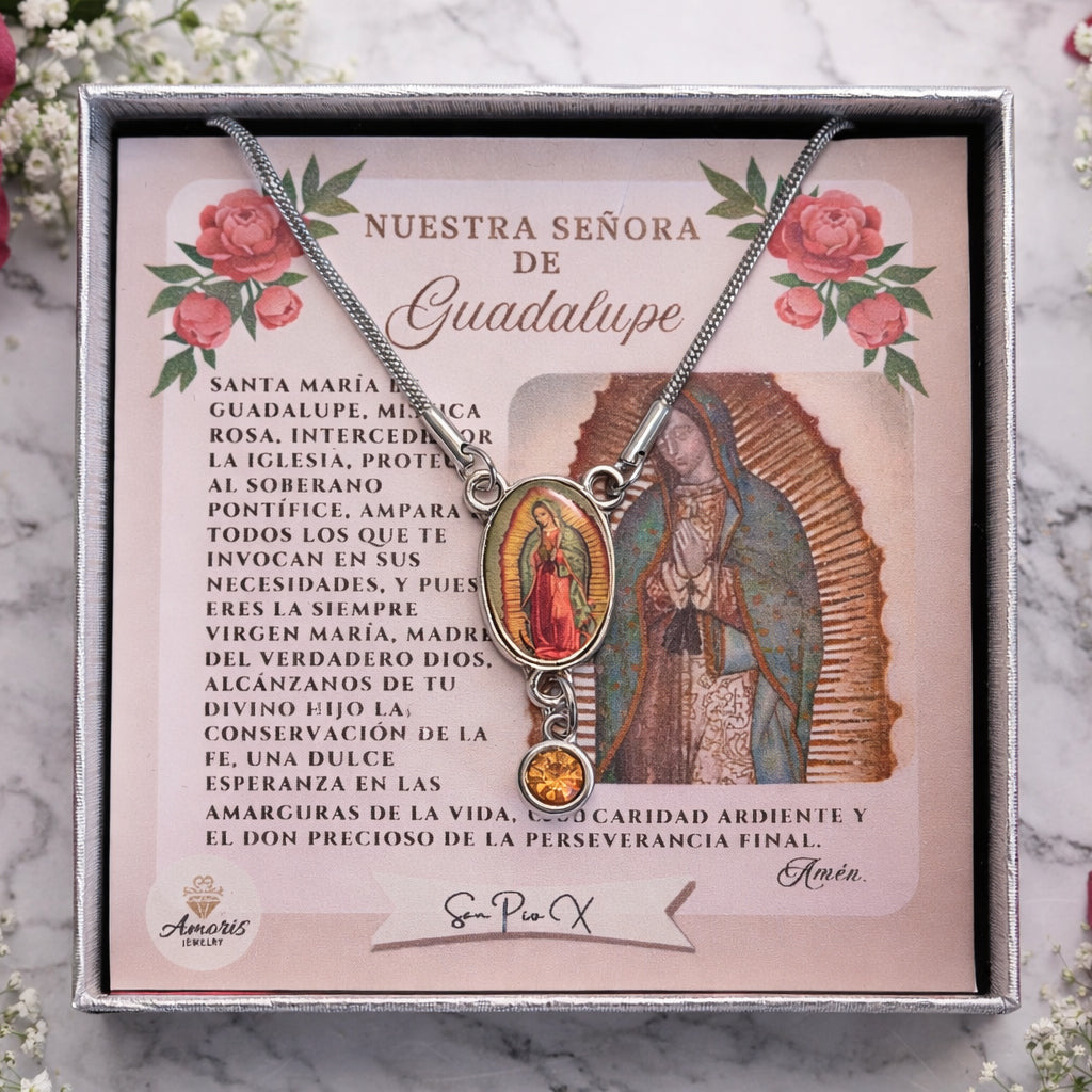 Our Lady of Guadalupe Birthstone Necklace with Prayer Card in ENGLISH or SPANISH