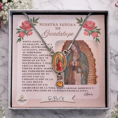 Our Lady of Guadalupe Birthstone Necklace with Prayer Card in ENGLISH or SPANISH