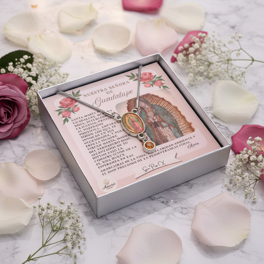 Our Lady of Guadalupe Birthstone Necklace with Prayer Card in ENGLISH or SPANISH