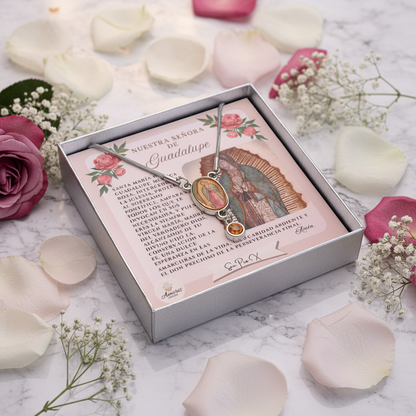 Our Lady of Guadalupe Birthstone Necklace with Prayer Card in ENGLISH or SPANISH