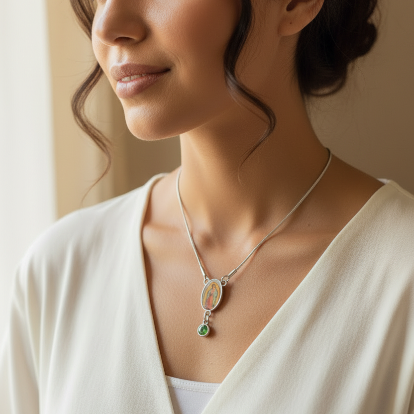 Our Lady of Guadalupe Birthstone Necklace with Prayer Card in ENGLISH or SPANISH