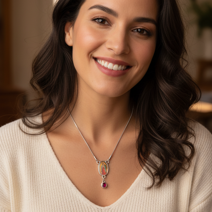 Our Lady of Guadalupe Birthstone Necklace with Prayer Card in ENGLISH or SPANISH