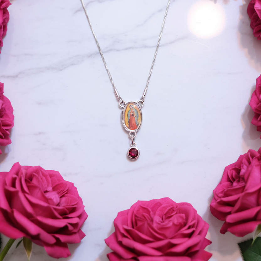 Our Lady of Guadalupe Birthstone Necklace with Prayer Card in ENGLISH or SPANISH