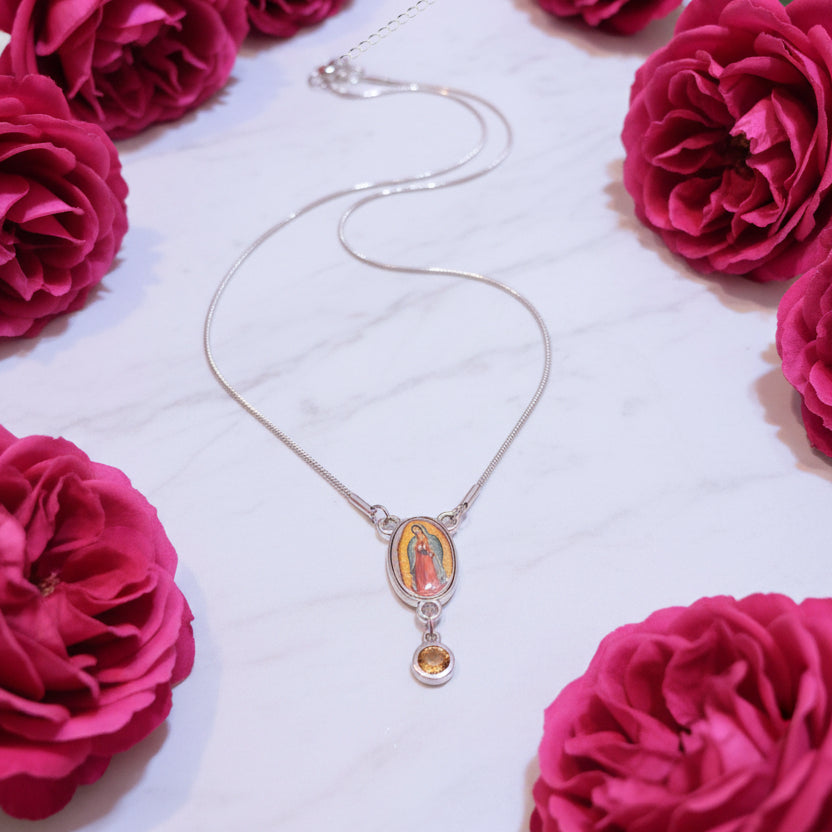 Our Lady of Guadalupe Birthstone Necklace with Prayer Card in ENGLISH or SPANISH
