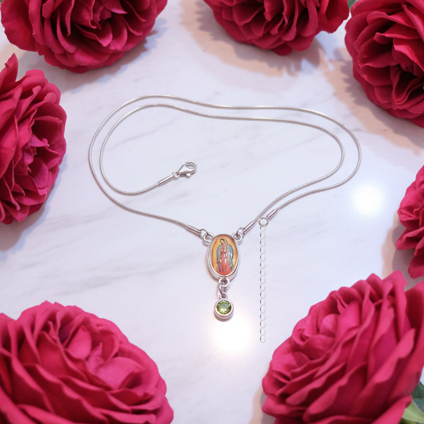 Our Lady of Guadalupe Birthstone Necklace with Prayer Card in ENGLISH or SPANISH