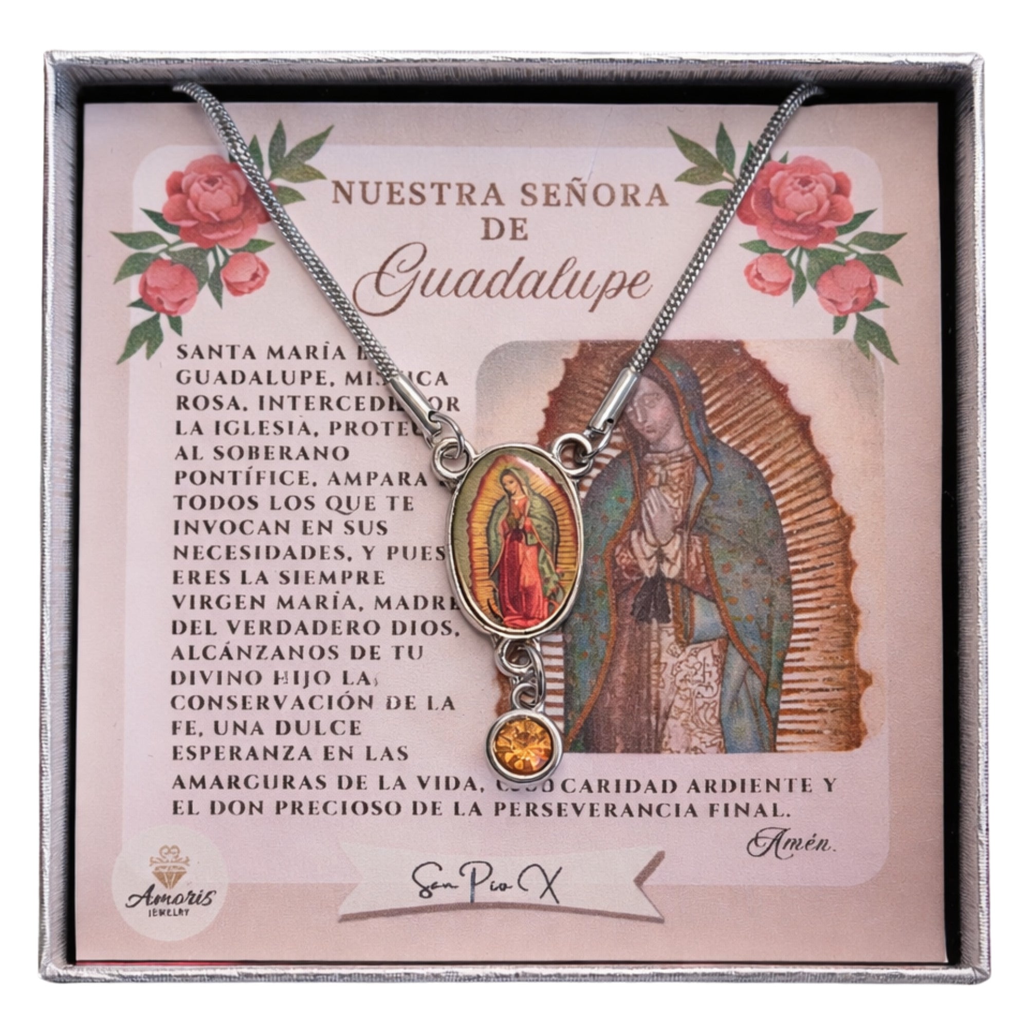 Our Lady of Guadalupe Birthstone Necklace with Prayer Card in ENGLISH or SPANISH