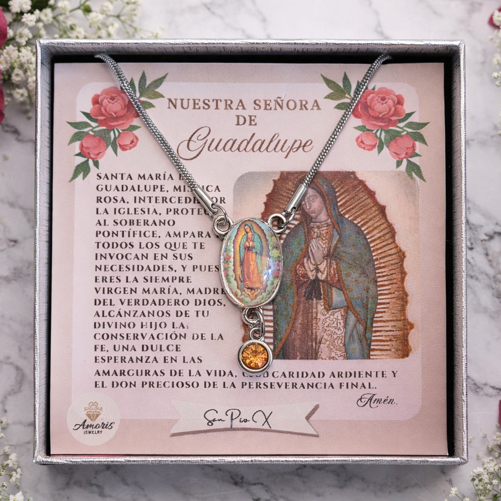 Our Lady of Guadalupe Roses Birthstone Necklace with Prayer Card in ENGLISH or SPANISH