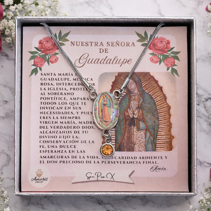 Our Lady of Guadalupe Roses Birthstone Necklace with Prayer Card in ENGLISH or SPANISH