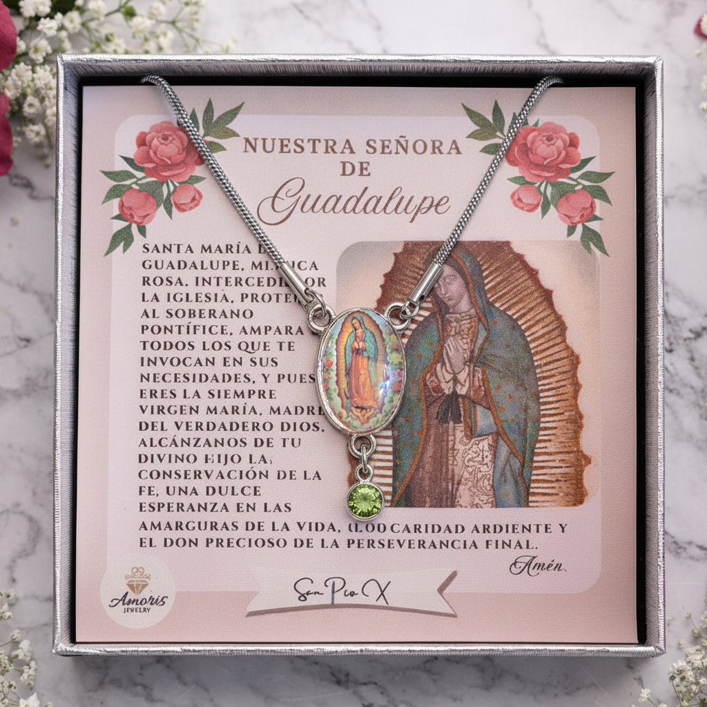 Our Lady of Guadalupe Roses Birthstone Necklace with Prayer Card in ENGLISH or SPANISH